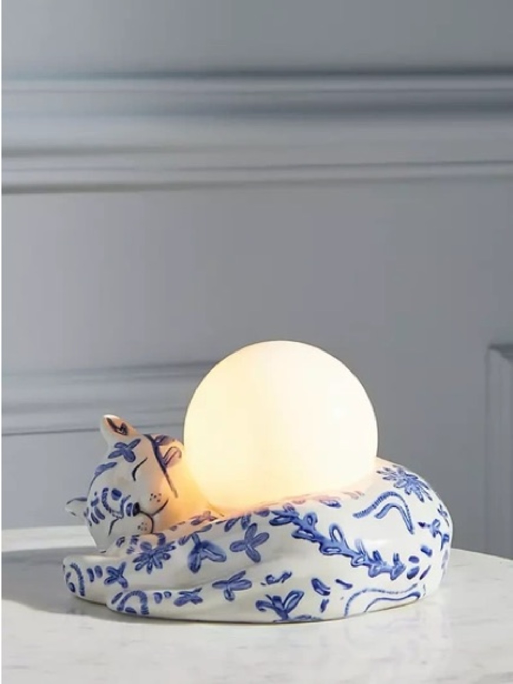 Anthropologie Lathey Blue and White Cat Lamp